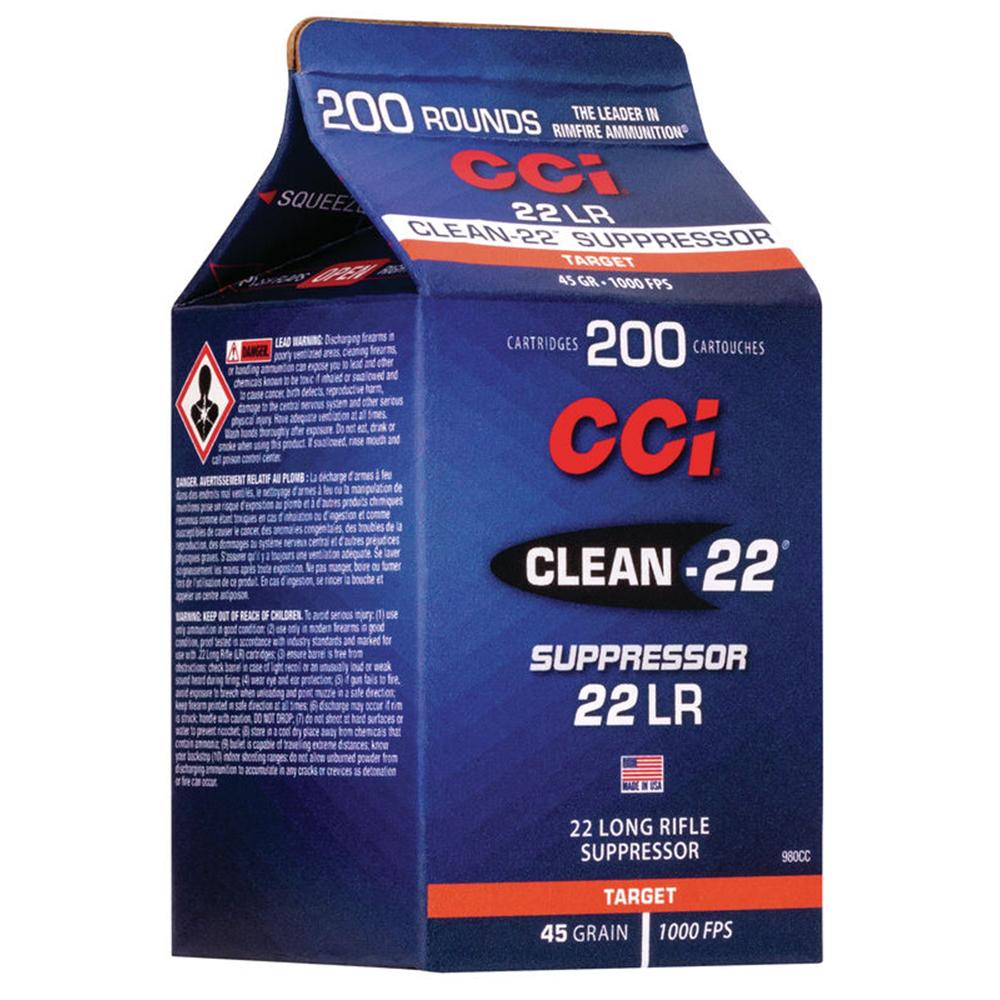 (image for) CCI Clean-22 Suppressor Rimfire Ammunition .22 LR 45 gr LRN 1000 fps 200/ct