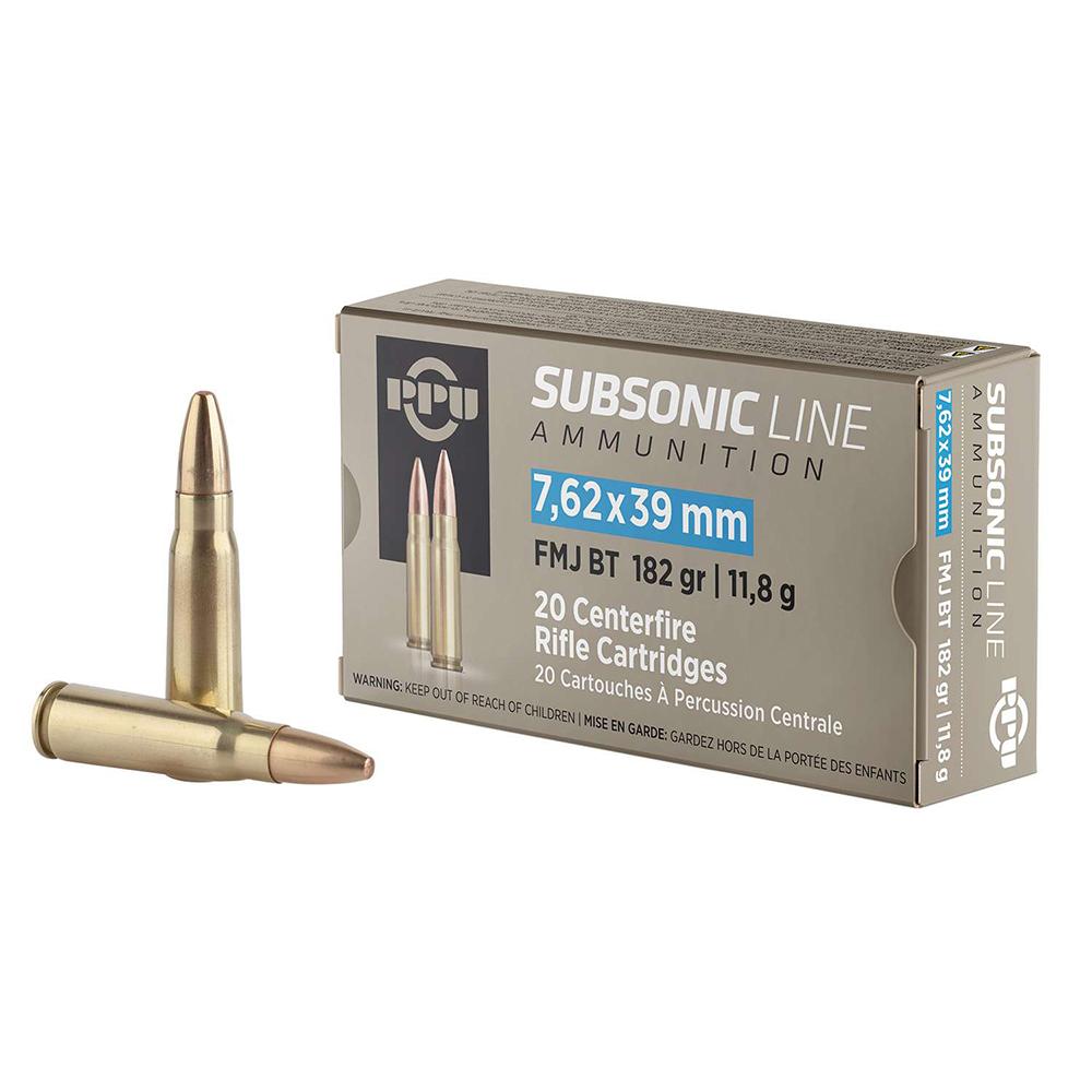 (image for) PPU Subsonic Rifle Ammunition 7.62x39mm 182gr FMJ 1033 fps 20/ct