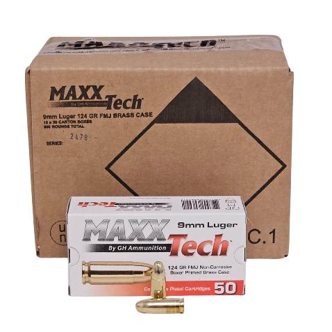 (image for) MAXXTech Handgun Ammunition 9mm Luger 124gr FMJ 1126 fps 1000/ct (20-50/ct Boxes)